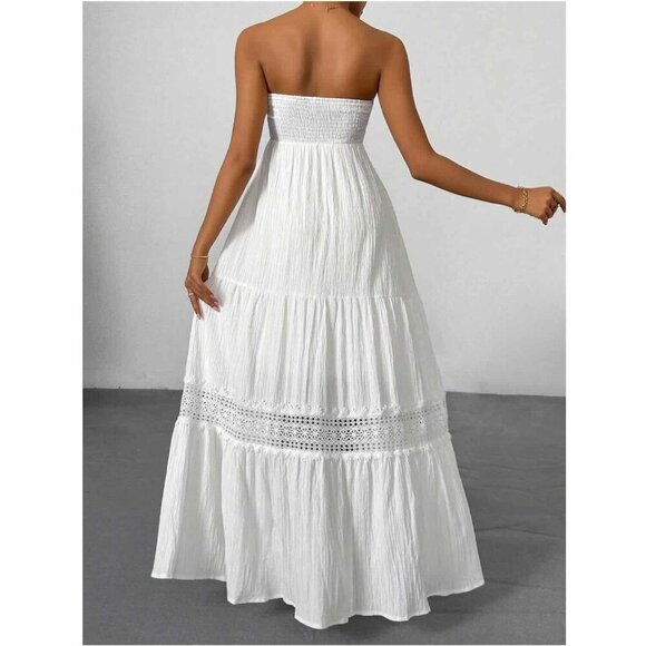 White Strapless Boho Embroidered A-Line Dress Holiday Wedding Romantic Festival - Picture 5 of 12